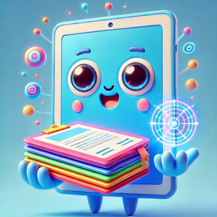 Cute AI-powered tablet managing HR documents and analytics.